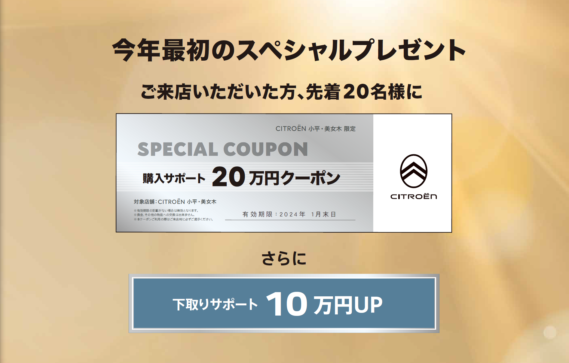 全車種対象SPECIAL OFFER / CITROËN CITROËN 2023 FINAL FAIR ＊詳細は店頭にてスタッフにお問合せください。＊他のキャンペーンとの併用はできません。